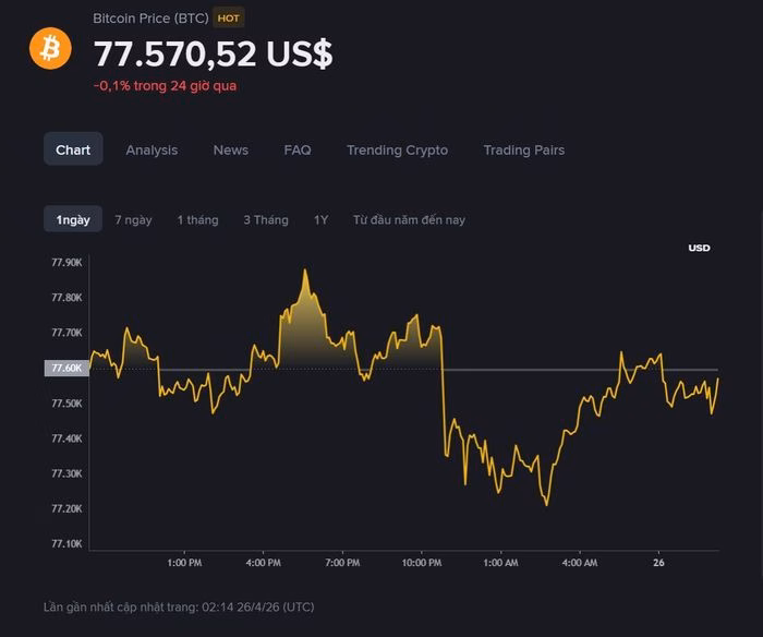 Bitcoin hiện đang trong trạng thái đi ngang quanh vùng 77.500 USD - Ảnh: Binance